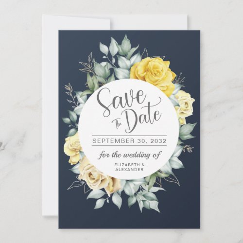 Yellow floral classy greenery navy blue wedding save the date