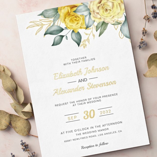Yellow floral classy greenery romantic wedding foil invitation (Creator Uploaded)