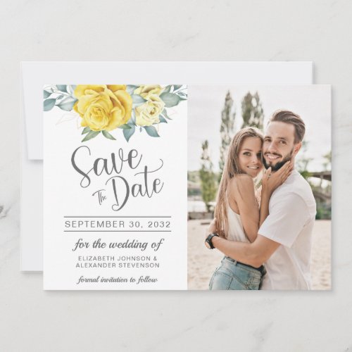 Yellow floral classy greenery summer photo wedding save the date