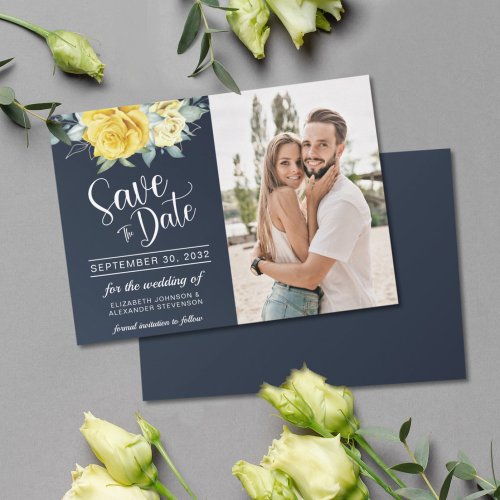 Yellow floral classy navy blue photo wedding save the date