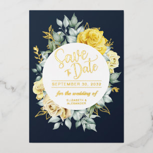 Yellow floral classy navy blue wedding Save Date Foil Invitation