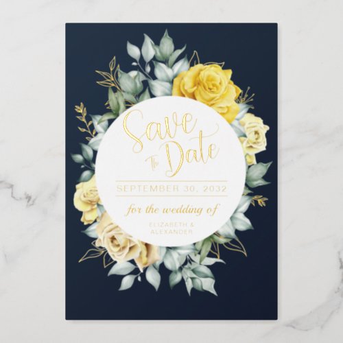 Yellow floral classy navy blue wedding Save Date Foil Invitation