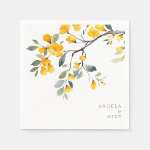 Yellow Floral Custom Gold Text Cocktail  Napkins