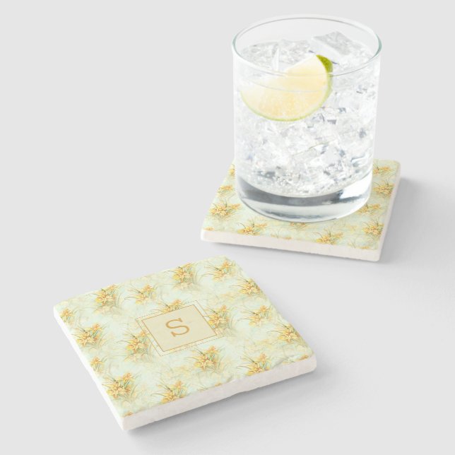 Yellow Floral Daffodil Watercolor Monogram Stone Coaster (Side)