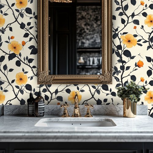 Yellow Floral Design with Black Vines Wallpaper