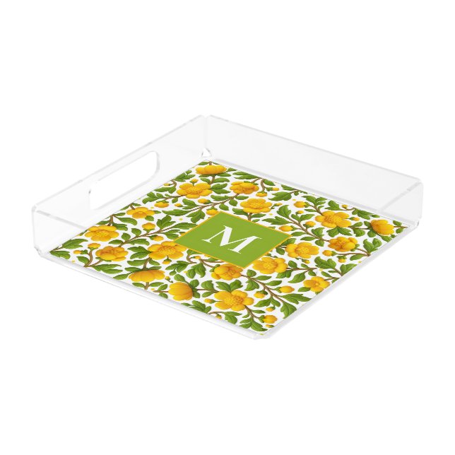 Yellow Floral Design with Custom Monogram Acrylic Tray (Angled)