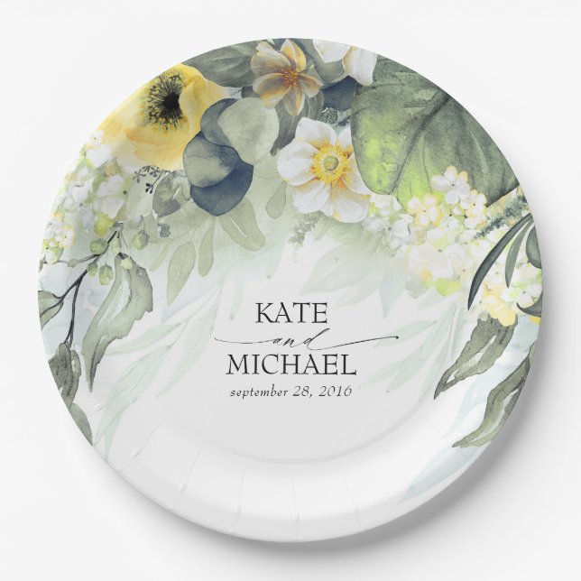 Yellow Floral Dreamy Garden Wedding Paper Plates (Front)