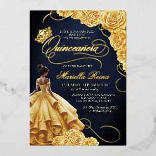 Yellow Floral Dress Quinceañera Foil Invitation