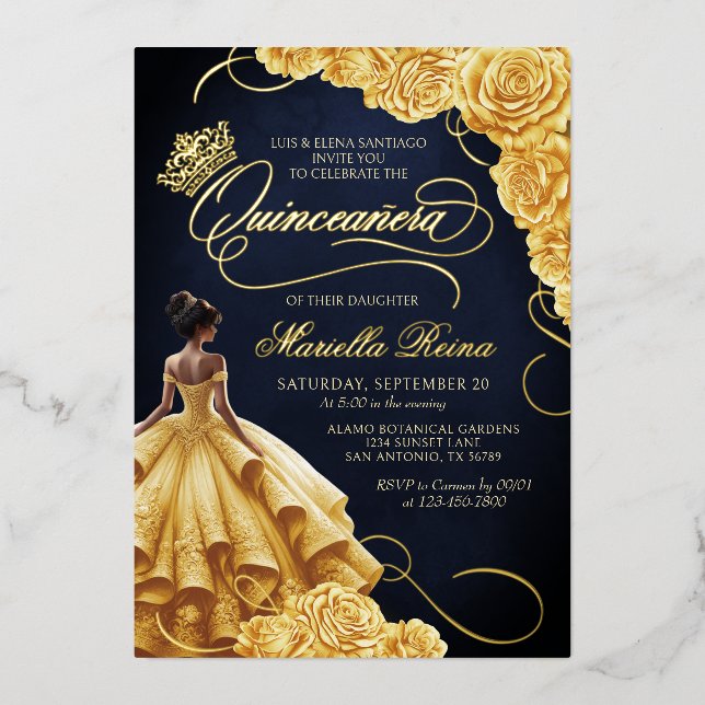 Yellow Floral Dress Quinceañera Foil Invitation (Front)