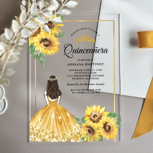 Yellow Floral Dress Sunflowers Gold Quinceanera Acrylic Invitations