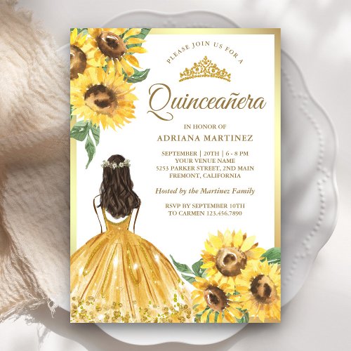 Yellow Floral Dress Sunflowers Gold Quinceanera Invitation