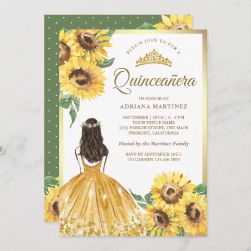 Yellow Floral Dress Sunflowers Gold Quinceanera Invitation