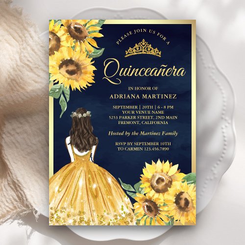 Yellow Floral Dress Sunflowers Navy Quinceanera Invitation