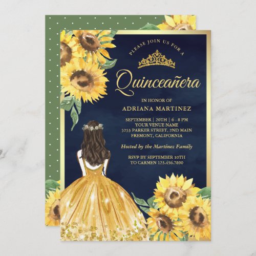 Yellow Floral Dress Sunflowers Navy Quinceanera Invitation