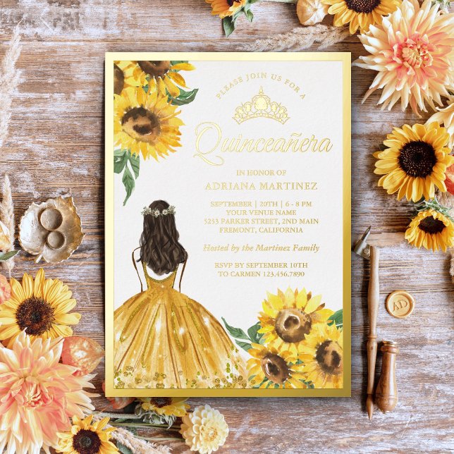 Yellow Floral Dress Sunflowers Quinceanera Gold Foil Invitation (Creator Uploaded)