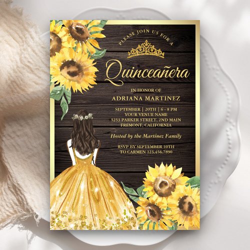 Yellow Floral Dress Sunflowers Wood Quinceanera Invitation