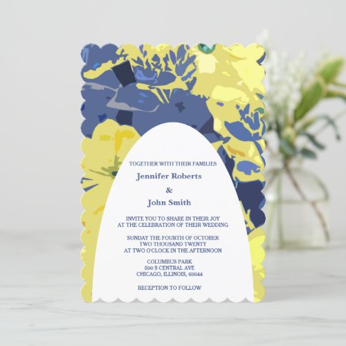 Yellow Floral Dusty Blue Custom Arch Artsy Wedding Invitation