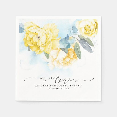 Yellow Floral Dusty Blue Watercolor Wedding Napkins