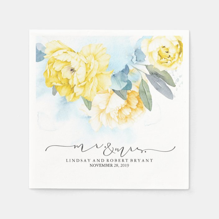 Yellow Floral Dusty Blue Watercolor Wedding Napkins Zazzle Com