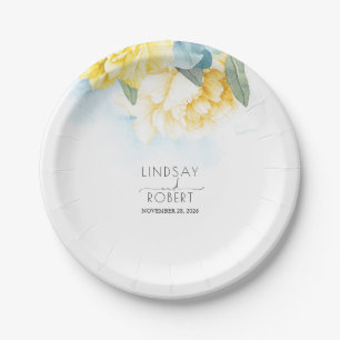 Yellow Floral Dusty Blue Watercolors Wedding Paper Plates