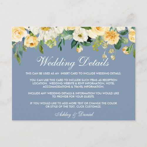 Yellow Floral Dusty Blue Wedding Insert Card