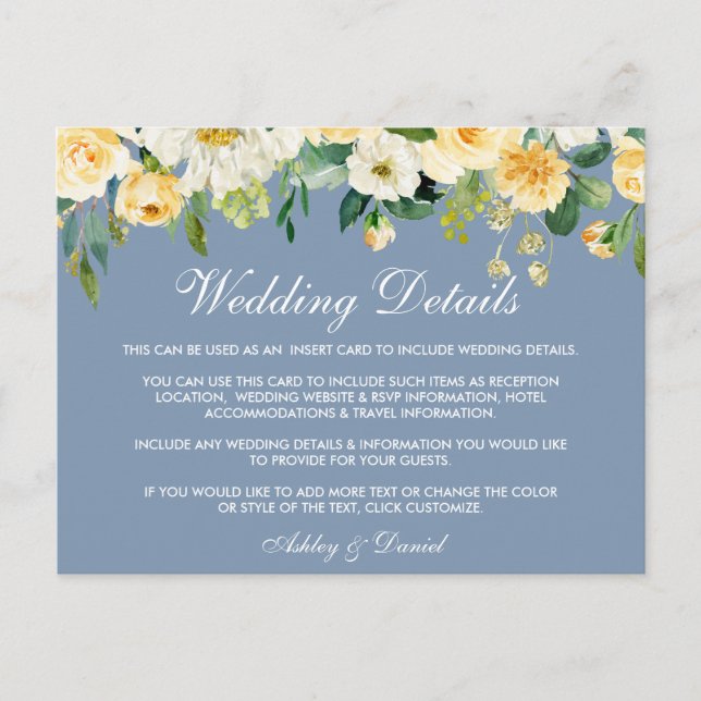 Yellow Floral Dusty Blue Wedding Insert Card (Front)