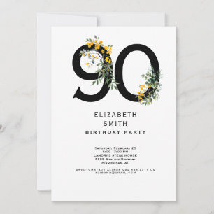Yellow Floral Elegant 90th Birthday Party Invitation