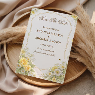 Yellow Floral Elegant Announcemen Wedding Save The Date