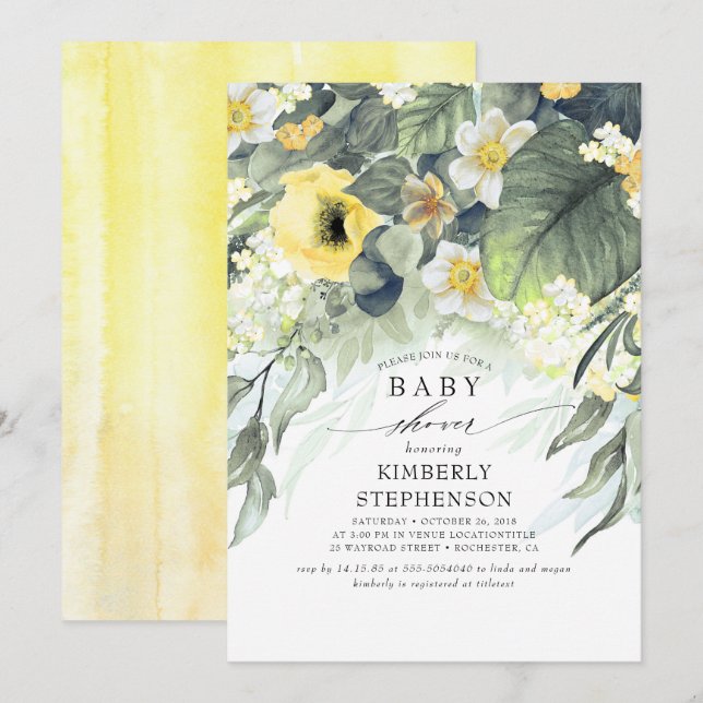 Yellow Floral Elegant Cute Baby Shower Invitation (Front/Back)