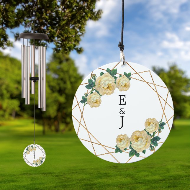 Yellow Floral Elegant Gold Glitter Geo Monograms Wind Chime (Outdoor)
