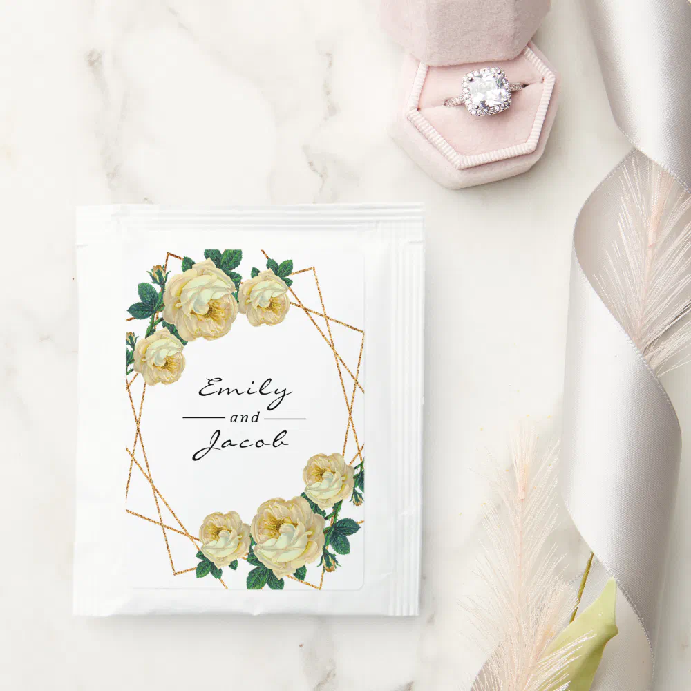 Yellow Floral Elegant Gold Glitter Geometric Names Tea Bag Drink Mix