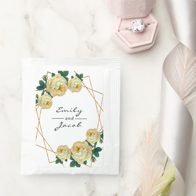Yellow Floral Elegant Gold Glitter Geometric Names Tea Bag Drink Mix (Wedding)