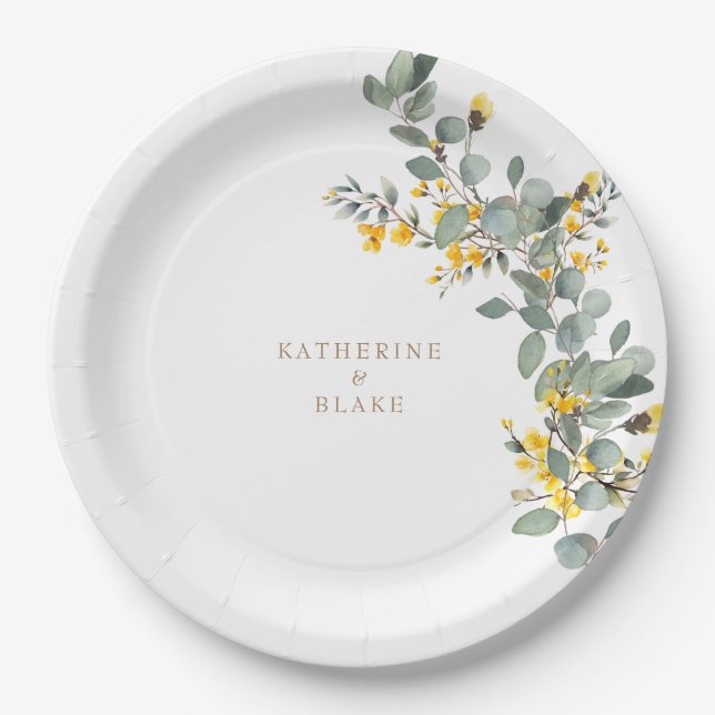 Yellow Floral & Eucalyptus Names Wedding Paper Plates (Front)