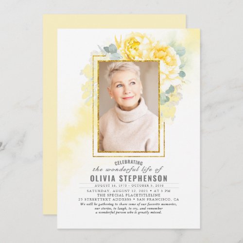 Yellow Floral Faded Foliage Funeral Photo Invitation