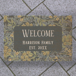 Yellow Floral Family Name Established Welcome Coir Fiber Doormat