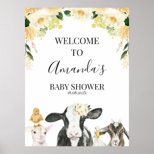 Yellow Floral Farm Animal Baby Shower Welcome Sign