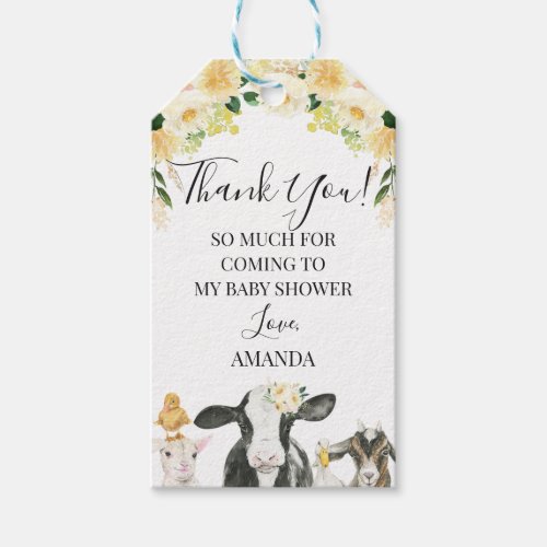 Yellow Floral Farm Animals Baby Shower Gift Tags