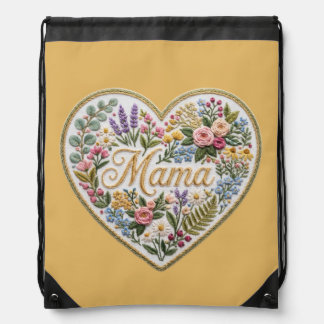 Yellow Floral Faux Embroidery Heart Mama Drawstring Bag