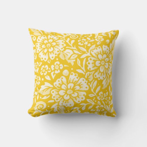 Yellow Floral Foliage Damask Inspired Bold Flower Throw Pillow