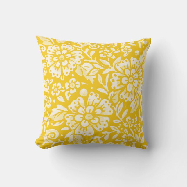 Yellow Floral Foliage Damask Inspired Bold Flower Throw Pillow (Front)
