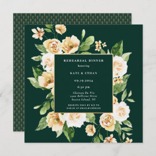 Yellow Floral Frame Emerald Rehearsal Dinner Invitation