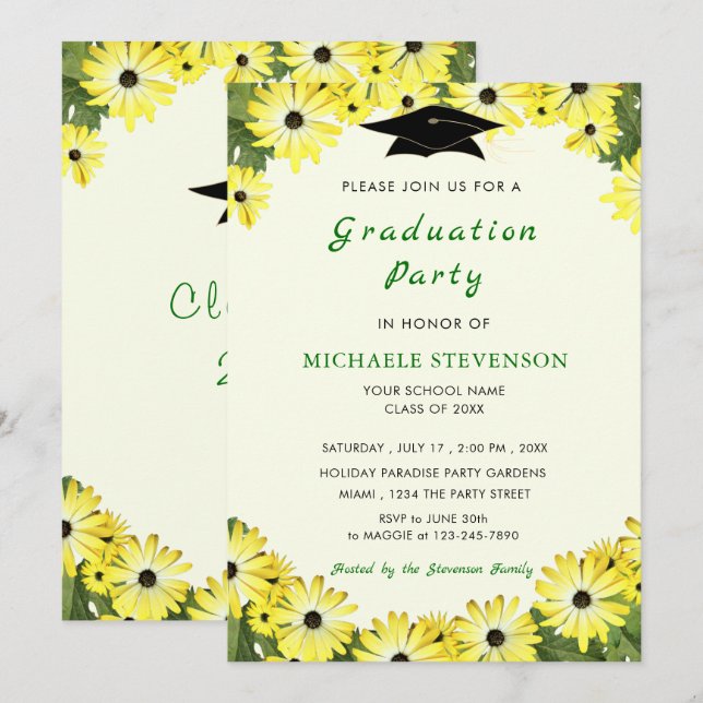 Yellow Floral Frame Graduation Invitation Template (Front/Back)