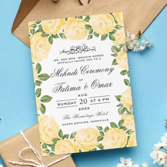 Yellow Floral Frame Islamic Henna Mehndi Ceremony Invitation (Creator Uploaded)