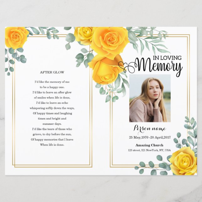 Yellow floral  Funeral Program template (Front)