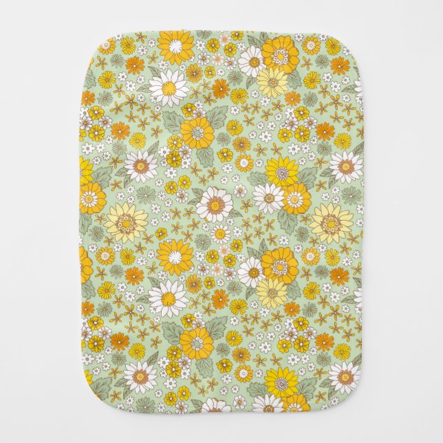 Yellow Floral Garden Pattern Baby Burp Cloth (Front)