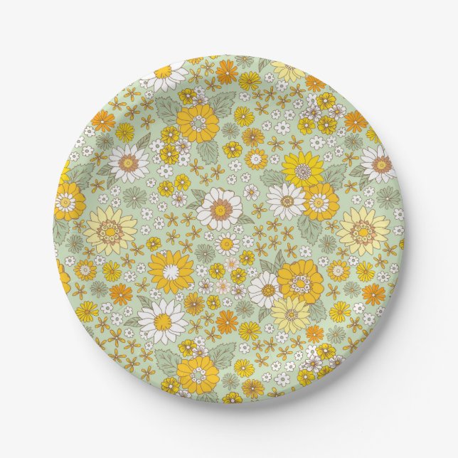 Yellow Floral Garden Pattern Paper Plates (Front)