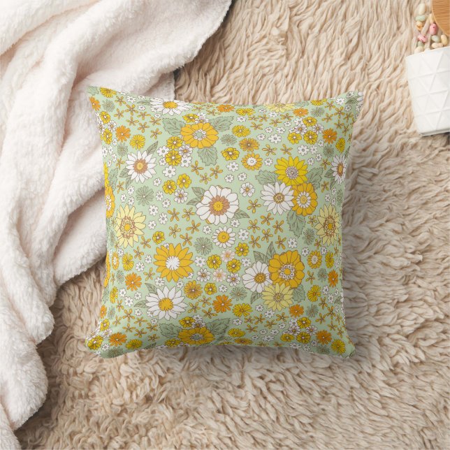 Yellow Floral Garden Pattern Throw Pillow (Blanket)