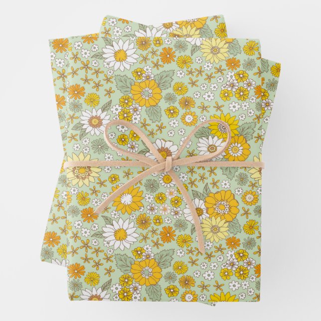 Yellow Floral Garden Pattern Wrapping Paper Sheets (In situ)