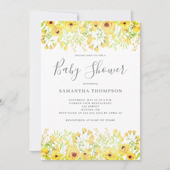 Yellow Floral Gender Neutral Baby Shower Invitation (Front)