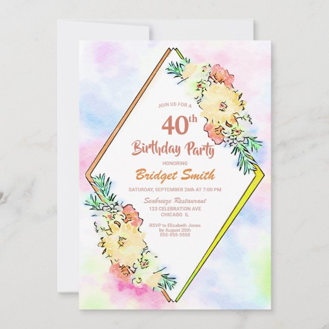 Yellow Floral Geometric 40th Birthday Party Invitation (Front)